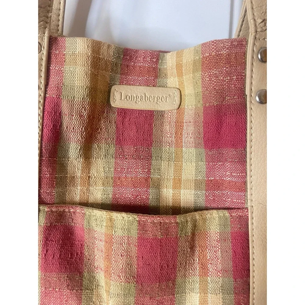Vintage Longaberger Plaid Tote Bag Red & Tan Checker Fabric Purse w Leather - Picture 2 of 4